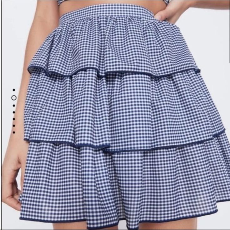 New With Tags Blue And White Checkered Gangnam Ruffled Skirt From Zara Never Worn! Perfect As A Cover Up Or With Sandals And A Top Zara Tiered Skirt For Vacation, Chic Blue Tiered Bottoms, Zara Ruffled Skirt For Summer, Blue Tiered Skirt For Spring, Blue Tiered Bottoms With Ruffle Hem, Blue Ruffled Mini Skirt For Beach, Blue High Waist Ruffled Skort, Blue High-waist Ruffles Skort, High-waist Blue Skort With Ruffles