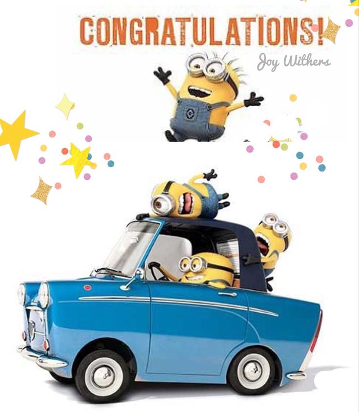 a blue car with three minion characters in it