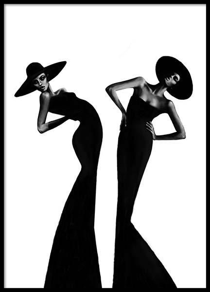 two women in black dresses and hats