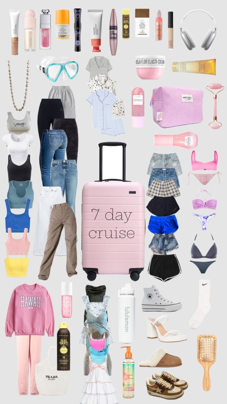 a collage of clothes and accessories with the words 7 day cruise written on them