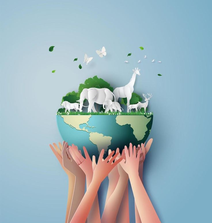 several hands reaching out to touch the earth with animals on it