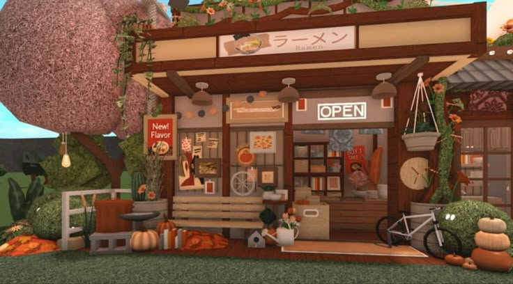 an animated image of a small store with lots of plants on the front and side