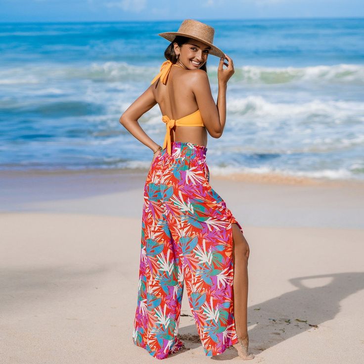 Get ready to sizzle in style with CUPSHE Women's Smoked Cover Up Pants! Perfect for summer days by the beach, these wide-leg bottoms with side slits and sheer tropical design are your ultimate go-to for trendy beachwear. The bathing suit cover up pants will catch everyone's attention on every occasion. It's great for casual style, daily look, home, shopping, hanging out, lounging, vacation, holiday, beach, cocktail party, tea party, club, night out, evening, dinner, romantic date. Product code: