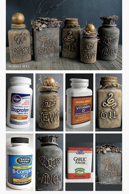 many different jars and containers are shown in this collage with the same image on them