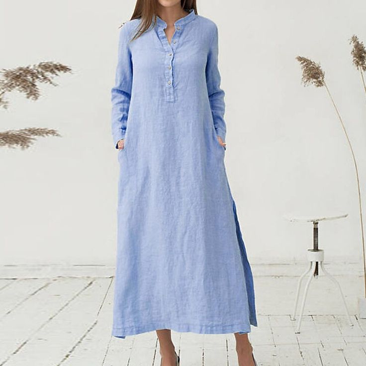 Season:Summer,Spring,Autumn,Winter,Fall; Fabric:Cotton Blend; Sleeve Length:Long Sleeve; Look After Me:Machine wash; Gender:Women's; Style:Comfort,Casual,Basic,Retro; Elasticity:Micro-elastic; Occasion:Home,Daily,Vacation; Age Group:Adults; Fit Type:Loose Fit; Dresses Type:Casual Dress,Cotton Linen Dress,Shirt Dress,A Line Dress; Pattern:Pure Color; Design:Pocket; Neckline:Stand Collar; Special Size:Plus Size; Front page:FF; 2023 Trends:2023; Bust:null; Length:; Shoulder Width:; Waist:; Fit US Size:null; Fit UK Size:null; Fit EU Size:null; Dress Length Type:Maxi long Dress Floryday Vestidos, Button Shirt Dress, Maxi Shirts, Dress Stand, Womens Fall Dress, Cotton Linen Dresses, Long Evening Gowns, Vestidos Vintage, Long Shirt Dress