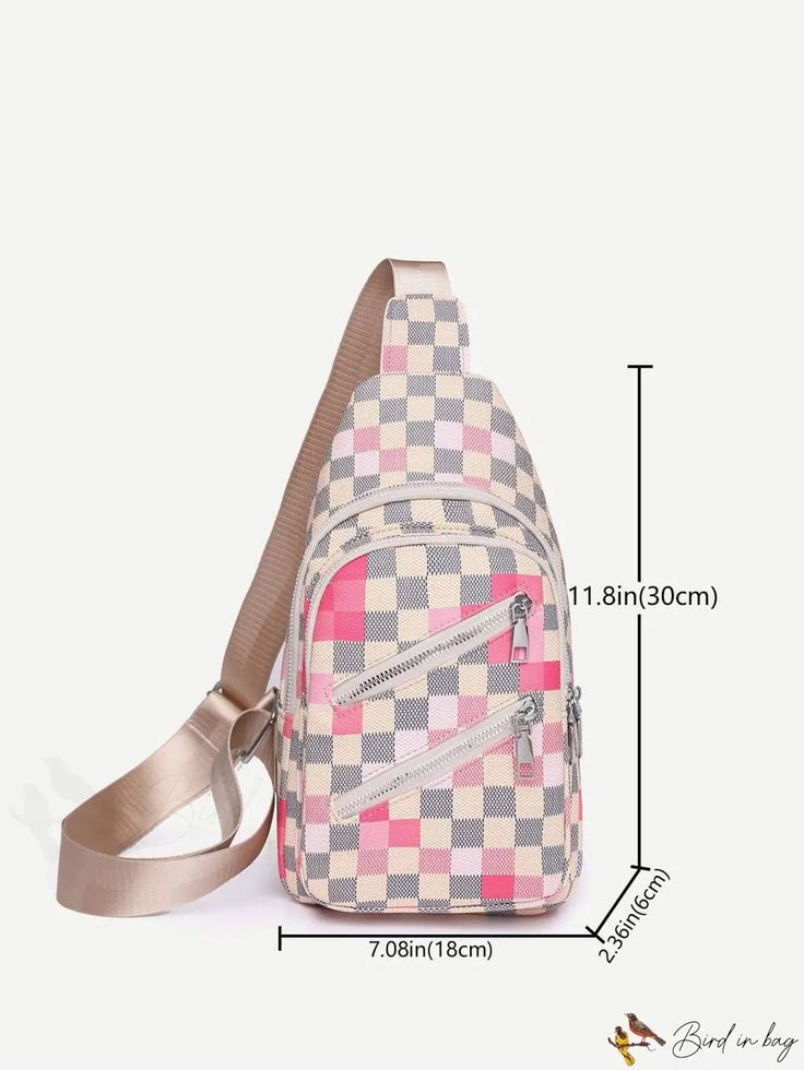 BirdinBag - Stylish Checkered Sling Bag with Adjustable PU Strap and Zipper Closure Rectangular Chest Bag With Zipper For School, Rectangular School Chest Bag With Zipper, Pink Backpack Shoulder Bag With Zipper Pocket, Chest Shoulder Bag With Zipper For Daily Use, Pink Chest Bag With Zipper Closure For Travel, School Crossbody Chest Bag With Zipper Closure, School Crossbody Bag With Zipper Closure, Pink Chest Bag With Zipper For Everyday Use, Multicolor Shoulder Bag With Zipper For School