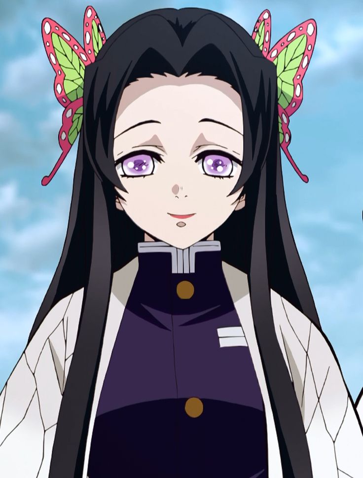 an anime character with long black hair and butterfly wings on her head, looking at the camera