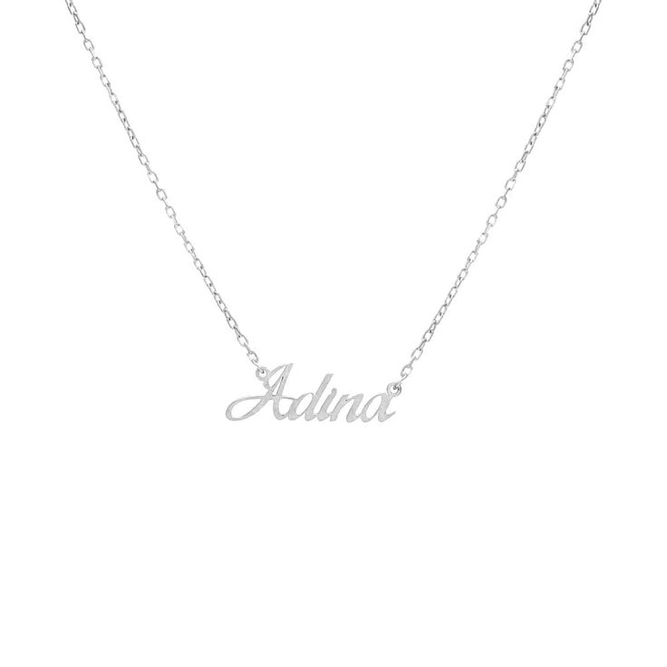 Silver Solid Script Nameplate Necklace - Adina's Jewels Custom Name White Gold Necklace For Personalized Gift, Personalized White Gold Necklace With Custom Name, Customizable Elegant White Gold Name Necklace, Classic Engraved Nameplate Necklace, Silver Signature Nameplate Necklace, Minimalist White Gold Name Necklace, Classic White Gold Name Necklace, Personalized Gift White Gold Nameplate Necklace, Classic White Gold Necklaces With Custom Name