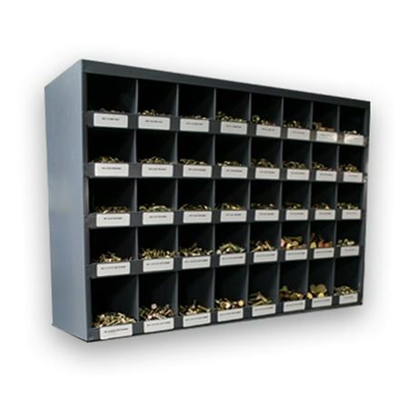 a wall mounted storage unit filled with lots of small objects and bins full of gold coins