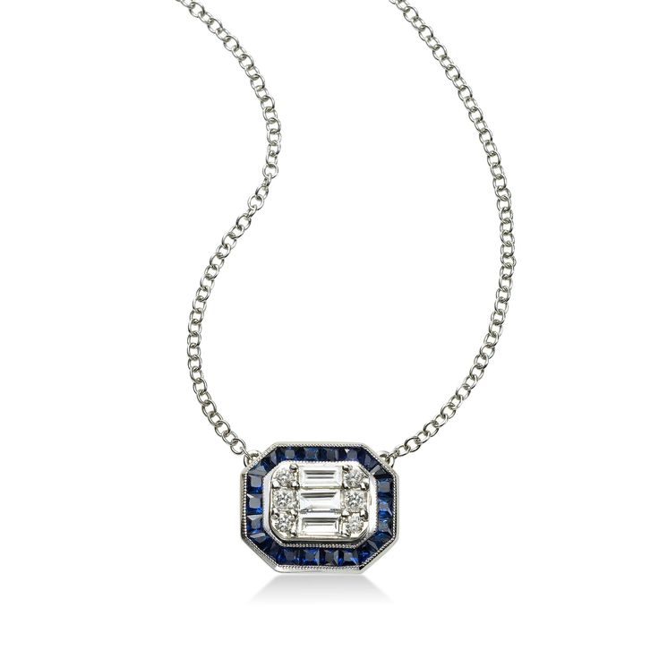 Deco style. New necklace of diamonds, both round and baguette shape, set with a frame of blue sapphires in 18 karat white gold. 18 karat white gold Blue sapphires total .64 carat Diamonds total .36 carat Diamond quality: H/I color, SI1 clarity Pendant measures .50 wide by .40 inch tall Chain length 16-17 inches, adjustable Lobster clasp closure Made in India Sapphire Necklace, Opal Jewelry, Last Minute Gifts, Deco Style, Luxury Items, Gemstone Colors, Diamond Pendant, Jewelry Care, Blue Sapphire