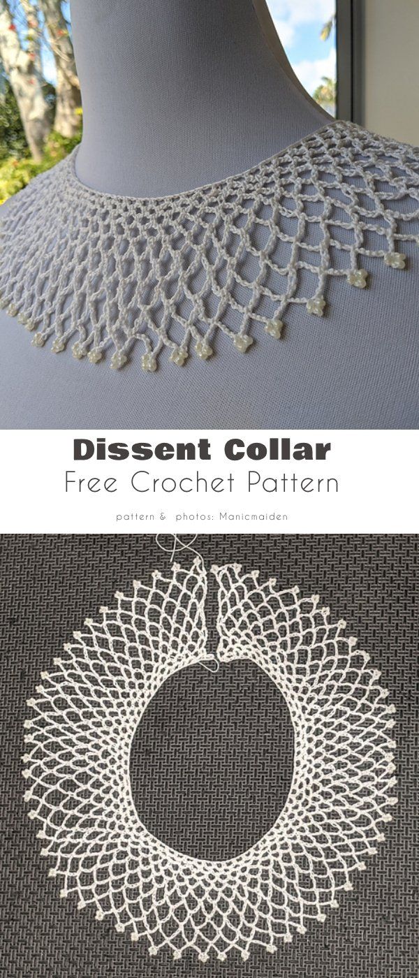 a white crochet necklace on top of a mannequin with text overlay that says disent collar free crochet pattern