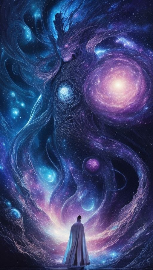 a man standing in the middle of a space filled with stars and swirly clouds