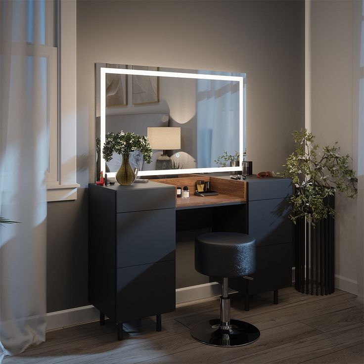 a desk with a mirror and stool in a room