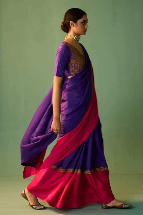 Blue and pink habutai silk saree with dori, marori and zardosi hand embroidery. - Aza Fashions Bollywood Style Purple Raw Silk Pre-draped Saree, Purple Raw Silk Pre-draped Saree With Cutdana, Unstitched Purple Pre-draped Saree With Dori Work, Purple Art Silk Pre-draped Saree For Navratri, Purple Pre-draped Saree With Dori Work, Blue Cotton Silk Pre-draped Saree With Zari Work, Anarkali Pre-draped Saree With Gota Work In Cotton Silk, Designer Raw Silk Purple Saree, Purple Cotton Silk Saree With Cutdana