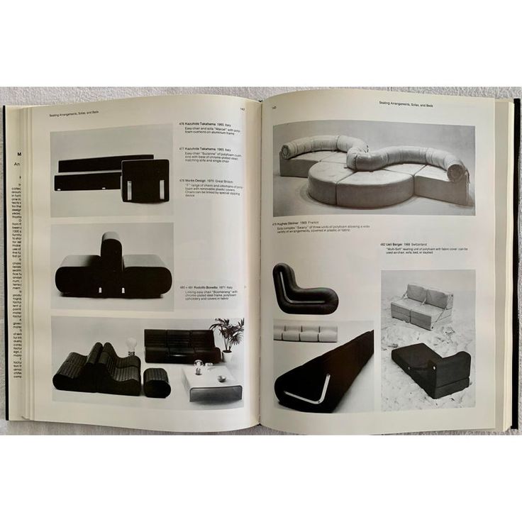 an open book with pictures of furniture and accessories in it's pages, including couches