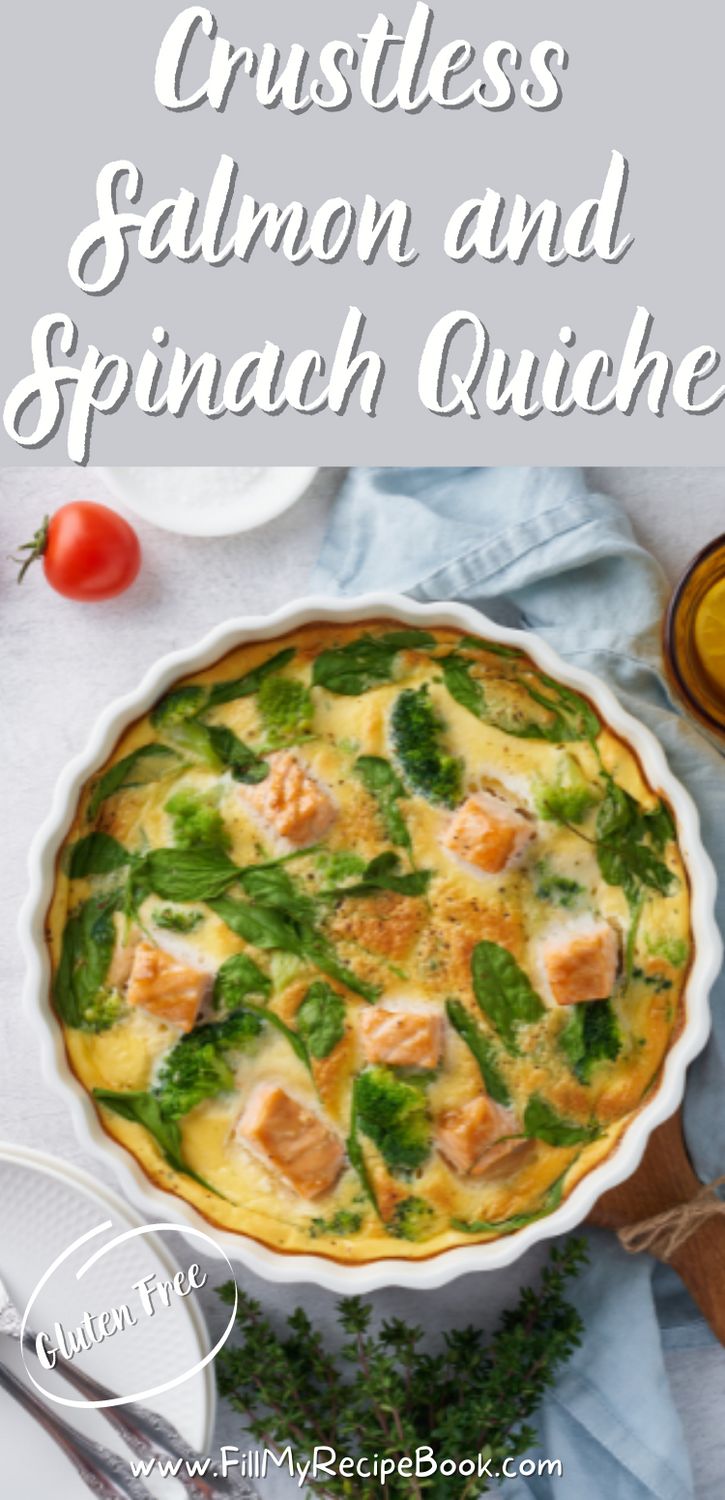 an easy gluten free crustless salmon and spinach quiche recipe idea to bake for breakfast or lunch. dinner, Gf Quiche, Dairy Free Quiche Recipes, Seafood Quiche, Smoked Salmon Quiche, Quiche Recipes Crustless, Salmon Quiche, Gluten Free Salmon, Spinach Quiche Recipes, Fish Meals