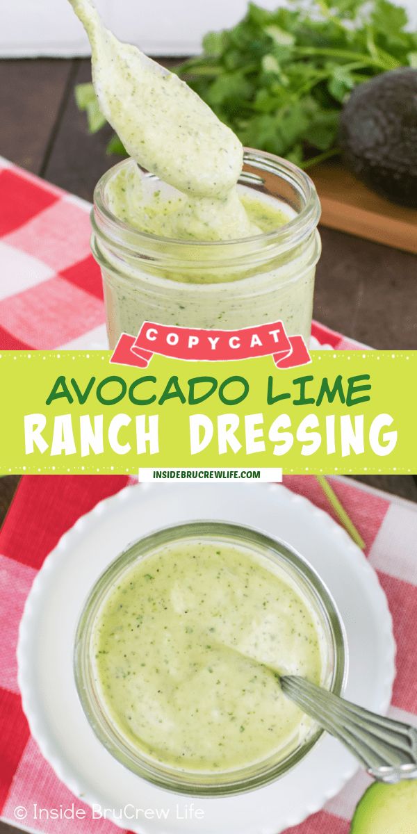 an avocado lime ranch dressing in a jar with a spoon on the side