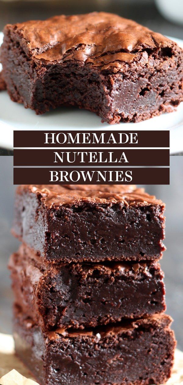 chocolate brownies stacked on top of each other with the words homemade nutella brownies