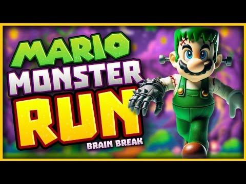 the title for mario monster run brain break, with an image of a man in green and