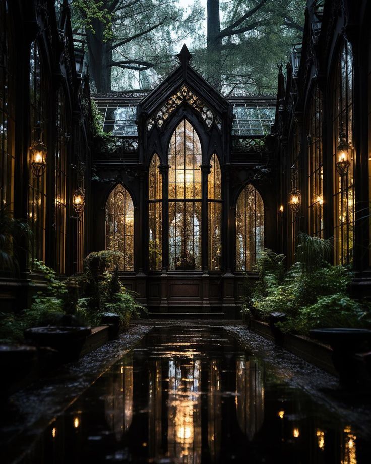 the inside of an old building with lots of windows and plants on the ground in front of it