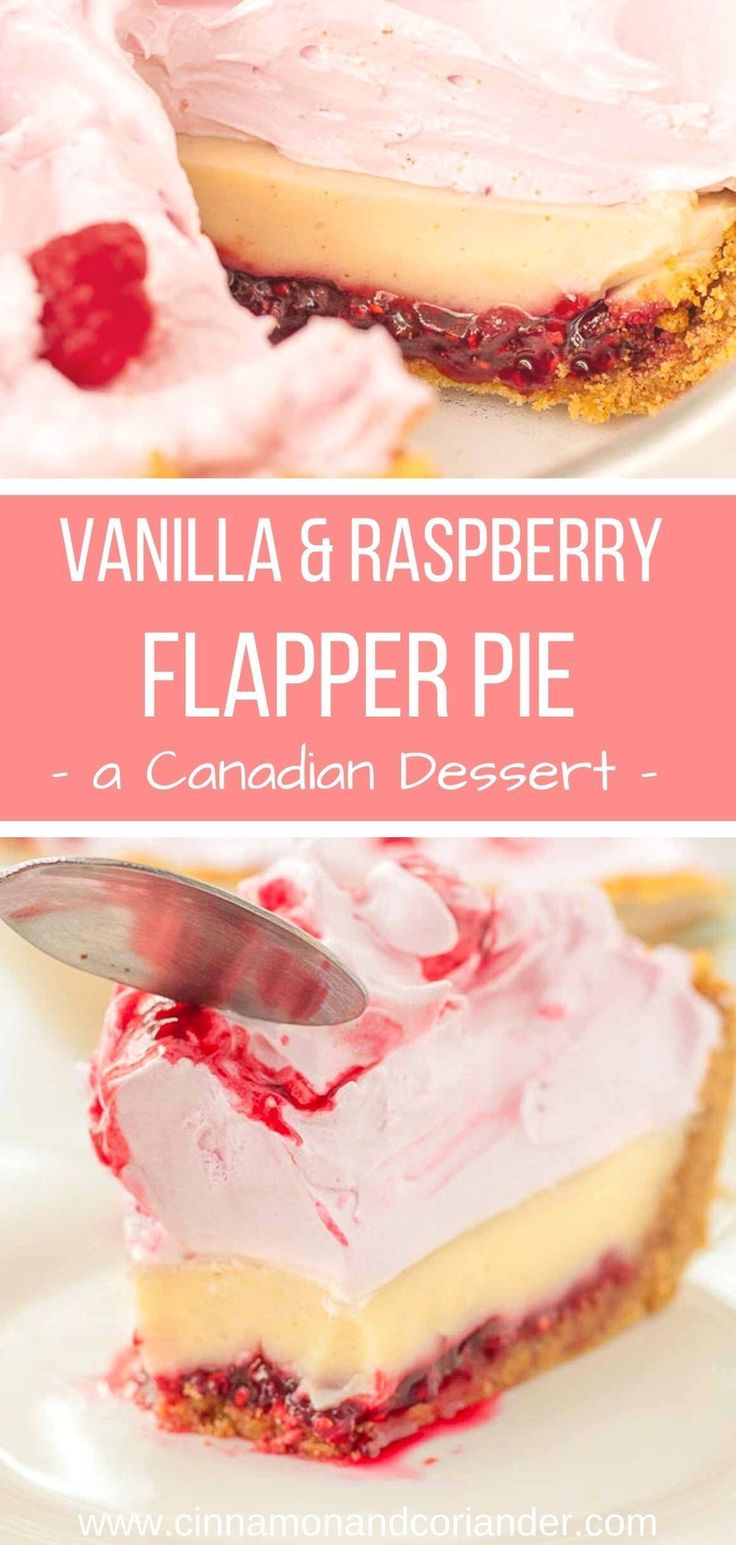 vanilla and raspberry flapper pie on a white plate