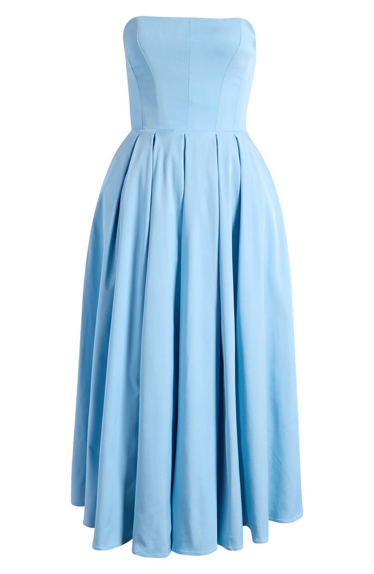 A corset-inspired bodice and full, pleated skirt add stunning dimension to an enchanting frock fashioned in a shoulder-baring silhouette perfect for your next soirée. Exclusive retailer Hidden back-zip closure Strapless Lined 65% Richcel viscose, 35% polyester Dry clean Imported Cinderella Blue, Frock Fashion, Cinderella Dresses, House Of Cb, Nordstrom Dresses, Fit Flare Dress, Fit & Flare, Flare Dress, Pleated Skirt