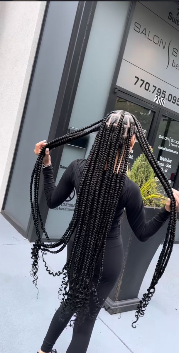 Long Coi Leray Braids With Color, 72 Inch Knotless Braids, Knotless Braids Accessories, Extra Long Jumbo Knotless Braids, Medium Size Braids Hairstyles, Large Knotless With Curly Ends, Large Knotless Braids With Curls, Jet Black Braids, Haircuts On Wavy Hair