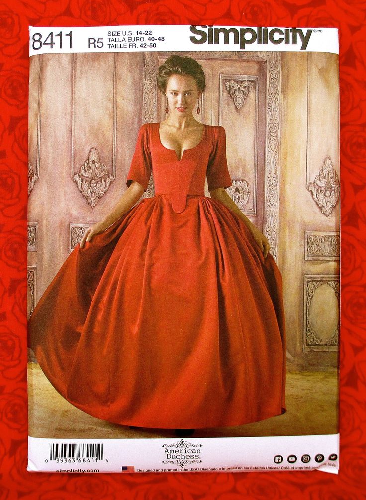 "I am pleased to offer Simplicity 8411, from American Duchess. This sewing pattern is for a 1700's lined gown consisting of a separate bodice and skirt. Also included is the pattern and instructions for panniers to wear underneath the skirt to create fullness and structure. >> Please Note: This pattern does not include the petticoat. << This pattern is for Misses' and Plus sizes 14, 16, 18, 20, and 22; bust sizes 36\" - 44\", waist sizes 28\" - 37\", and hip sizes 38\" - 46\". This p Simplicity Patterns Costumes, 18th Century Gown, Outlander Costumes, American Duchess, 18th Century Dress, 18th Century Costume, Two Piece Gown, Masked Ball, Century Dress