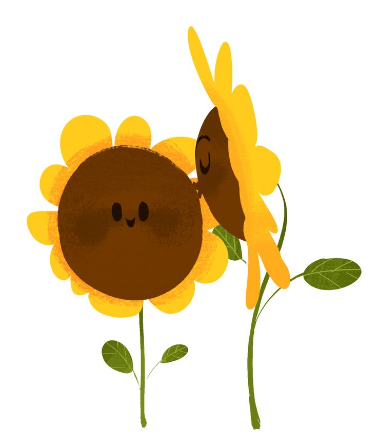 two sunflowers with faces drawn on them, one has eyes closed and the other is smiling