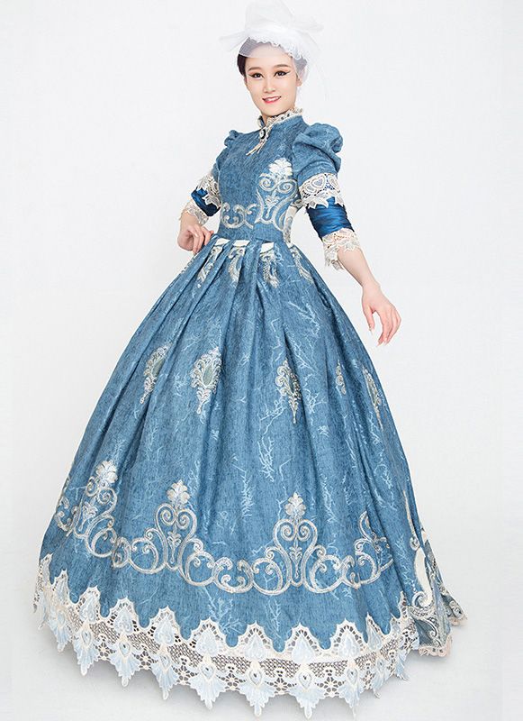 Blue Floral Rococo Marie Antoinette Dress Vintage Rococo Photography Clothing Reenactment Costume     Condition: Brand New   Color:  As Picture   Material: Satins And Lace   Silhouette: Ball Gown   Sleeve Length: Half Sleeve   Dresses Length:Floor-Length   Neckline: O-Neck   Decoration: Lace   Style: Vintage     Includes: Dress + Hat Blue Vintage Victorian Dress With Baroque Style, Blue Vintage Victorian Dress In Baroque Style, Vintage Blue Baroque Dress, Blue Vintage Baroque Dress, Blue Baroque Vintage Dress, Blue Baroque Victorian Dress, Blue Victorian Dress For Costume Events, Blue Baroque Victorian Dress For Costume Party, Blue Victorian Dress With Historical Design