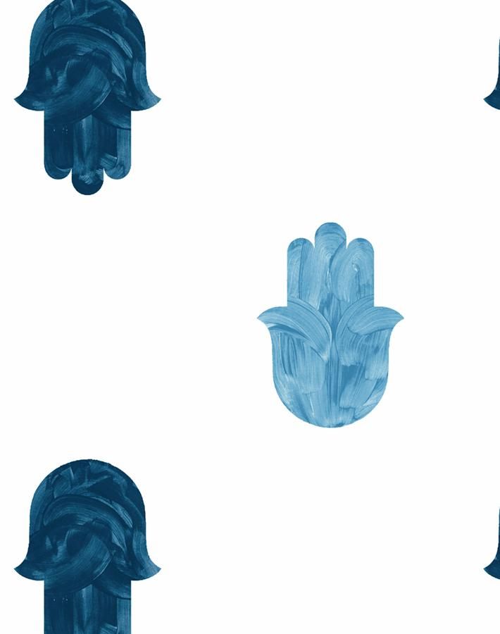 three blue hand prints on a white background