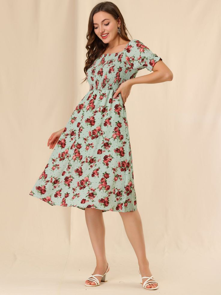 Shop Allegra K for square neck puff sleeve shirred floral casual midi dress you are looking for, get more women's dresses for yourelf. Order now! Free Returns! Casual Midi Dress, Floral Dress Casual, Midi Dress Casual, Sweet Floral, Office Business, Vacation Beach, Midi Length Dress, Work Office, Slim Legs