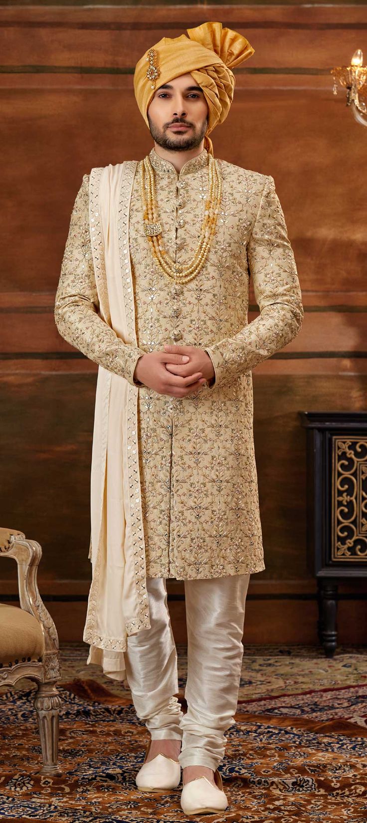 Luxury Tussar Silk Sherwani With Resham Embroidery, Luxury Sherwani With Zari Work In Traditional Drape, Luxury Art Silk Sherwani With Embroidered Border, Luxury Sherwani With Pallu And Traditional Drape, Luxury Anarkali Sherwani With Intricate Embroidery, Luxury Sherwani With Mirror Work In Chanderi, Luxury Brocade Sherwani With Naqshi Detailing, Luxury Chanderi Sherwani With Multicolor Embroidery, Luxury Yellow Sherwani With Resham Embroidery