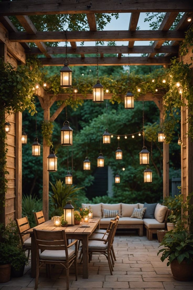 an outdoor dining area is lit up with candles and lights on the table, surrounded by greenery