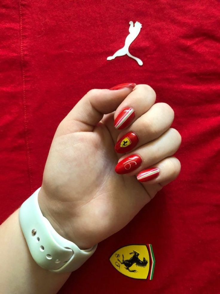 Charles Leclerc Nail Art, Formula One Inspired Nails, Ferrari F1 Nail Art, F1 Acrylic Nails, Charles Leclerc Inspired Nails, Ferrari Nail Design, F1 Nail Ideas, Ferrari Inspired Nails, F1 Tattoo Ideas Ferrari