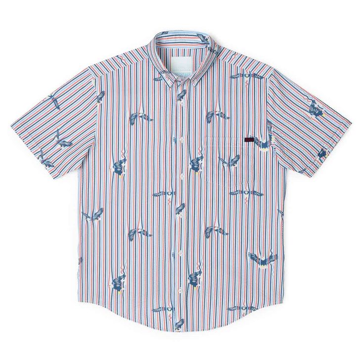 This soft & stretchy seersucker style button down is so light it could take flight off your back at any moment, and is so bold you can hear it screeching from a mile away. The pattern features majestic bald eagles swooping in between the distressed red, white & blue seersucker stripes. { "@context": "https://schema.org/", "@type": "Product", "name": "{{ product.title | escape }}", "image": "https://www.rsvlts.com/cdn/shop/files/rsvlts-short-sleeve-shirt-america-s-got-talon-stretch-seersucker-sho Summer Pinstripe Shirt With Button Closure, Summer Seersucker Shirt With Short Sleeves, Pinstripe Button-up Shirt For Summer, Casual Seersucker Shirt For Spring, Summer Seersucker Short Sleeve Shirt, Summer Seersucker Shirt With Relaxed Fit, Short Sleeve Pinstripe Summer Tops, Pinstripe Short Sleeve Tops For Summer, Summer Relaxed Fit Seersucker Shirt