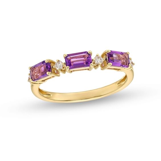 You’ll enjoy the easy sophistication of this emerald-cut amethyst and diamond alternating ring. 10K gold Features three sideways 5.0 x 3.0mm emerald-cut bright purple amethyst Shimmering diamonds complete the alternating pattern 1/15 ct. t.w. of diamonds Link Ring, Amethyst Gold, Three Stone Ring, Linking Rings, Ring Ideas, Bright Purple, Three Stone Rings, Amethyst Ring, Three Stone