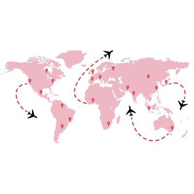 a world map with airplanes flying around it and the names of destinations on each side