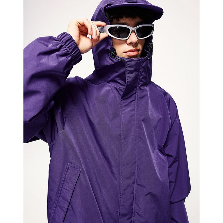 Purple Windproof Hooded Outdoor Jacket  Material: 100%Polyester  Material Function: Windproof, Size: S, M, L, XL, 2XL Color: Purple, Black, Army Green  Season: Spring, Autumn,   Occasion: Leisure, Outdoor, Daily, Vacation, Climbing, Hiking, Fishing Oversized Solid Color Windbreaker For Outdoor, Oversized Solid Windbreaker For Outdoor, Oversized Windbreaker For Outdoor Activities, Hiking Windbreaker With Double-lined Hood, Solid Windbreaker With Double-lined Hood For Hiking, Oversized Nylon Windbreaker In Solid Color, Oversized Windbreaker With Adjustable Hood For Outdoor, Oversized Solid Nylon Windbreaker, Solid Oversized Windbreaker With Adjustable Hood