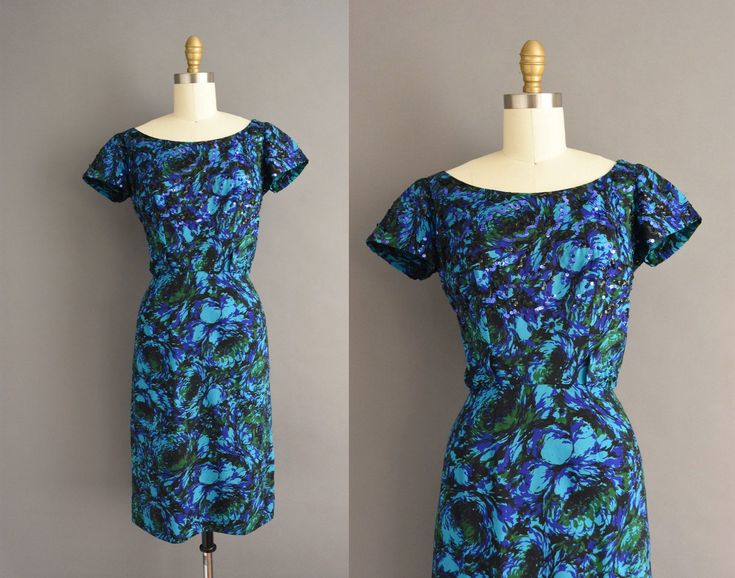 "Vintage 1950s cocktail party dress by Frank Starr. This vintage dress features a beautiful blue floral print throughout. The bodice is well fitted with a flattering nipped waist and a lovely pencil skirt. there is a back metal zipper for closure. ✂------ M E A S U R E M E N T S ------- Best Fit: Medium Bust: up to 38\" Waist: 28.5/29\" Hips: 38\" Shoulders: 15\" Sleeves: 5.5\" Total Length: 40\" Tag/Label: Frank Starr Material: silk Condition: Excellent vintage condition. Ready to wear. ☆ Layaw Fitted Blue 1950s Style Dress, 1950s Cocktail Party, American Doll Clothes, 50s Dresses, 1950s Dress, Cocktail Party Dress, Wiggle Dress, Floral Print Shorts, 50s Fashion