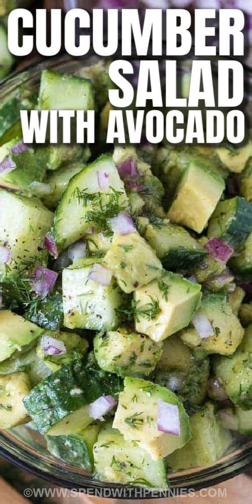 cucumber salad with avocado in a glass bowl