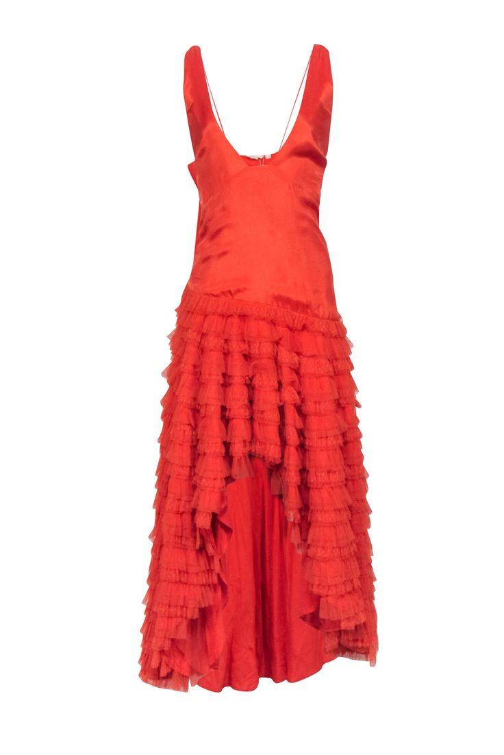 Prepare to make a show-stopping entrance when you strut your stuff in this dreamy dress from Anthropologie. Ruffled tiers of tulle in a bold, orange hue create a gorgeous, voluminous skirt. The sleek, satin bodice and playful high-low design make a sizzling style statement, perfect for turning heads at your next event. Pair with neutral strappy heels. Size XL Shell 1 100% Viscose Shell 2 100% Polyamide Lining 100% Cotton Concealed side zipper Maxi length High-low hem Bust 39" Waist 44" Shoulder to hem (front) 36" Shoulder to hem (back) 58" Tiered Maxi Dress With Layered Hem For Party, Casual Tiered Ruffled Skirt Dress, Layered Tiered Evening Maxi Dress, Summer Party Maxi Dress With Layered Hem, Flowy Tiered Skirt Ruffle Dress For Party, Flowy Ruffle Dress With Tiered Skirt For Party, Flowy Tiered Skirt Dresses For Evening, Evening Maxi Dress With Ruffles And Tiered Skirt, Flowy Party Dress With Ruffled Straps