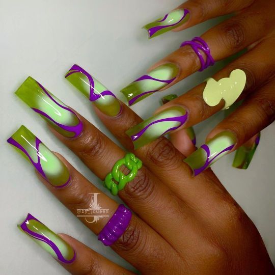 Birthday Nails Aries, Unique Nail Designs Creative Beautiful, Gemini Nails Designs, Artsy Nails Designs, Shroom Nails, Taurus Nails Designs, Exotic Nails Acrylic, Lsd Nails, Green And Purple Nails