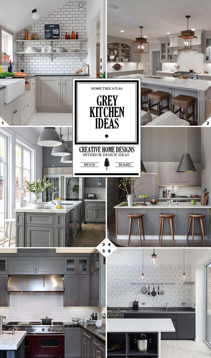 grey kitchen cabinets are featured in this collage with the words creative home designs above them