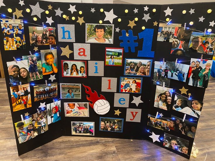 a collage of pictures and letters is displayed on a black board with white stars