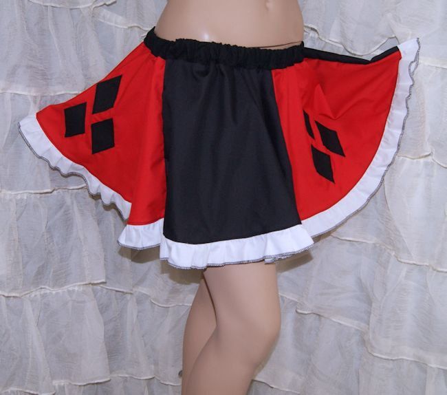 "Harlequin Ruffle Retro Comic Book Villain Cosplay Costume Black Red Diamonds Circle Skirt Adult ALL Sizes - MTCoffinz This stunning Harlequin Costume Skirt is made with black and red cotton panels. Then I added three diamonds on the front and back to make this skirt as close as possible to her real costume. The great part about this skirt is that you can show some serious cosplay style without squeezing into a tight bodysuit! The main material is a soft black and red cotton blend with a white r Harajuku Style Skirt For Halloween Cosplay, Red Harajuku Costume Accessories, Red Skirt For Halloween Cosplay, Harajuku Style Halloween Cosplay Bottoms, Harajuku Style Bottoms For Halloween Cosplay, Villain Cosplay, Harlequin Costume, Comic Book Villains, Red Diamonds