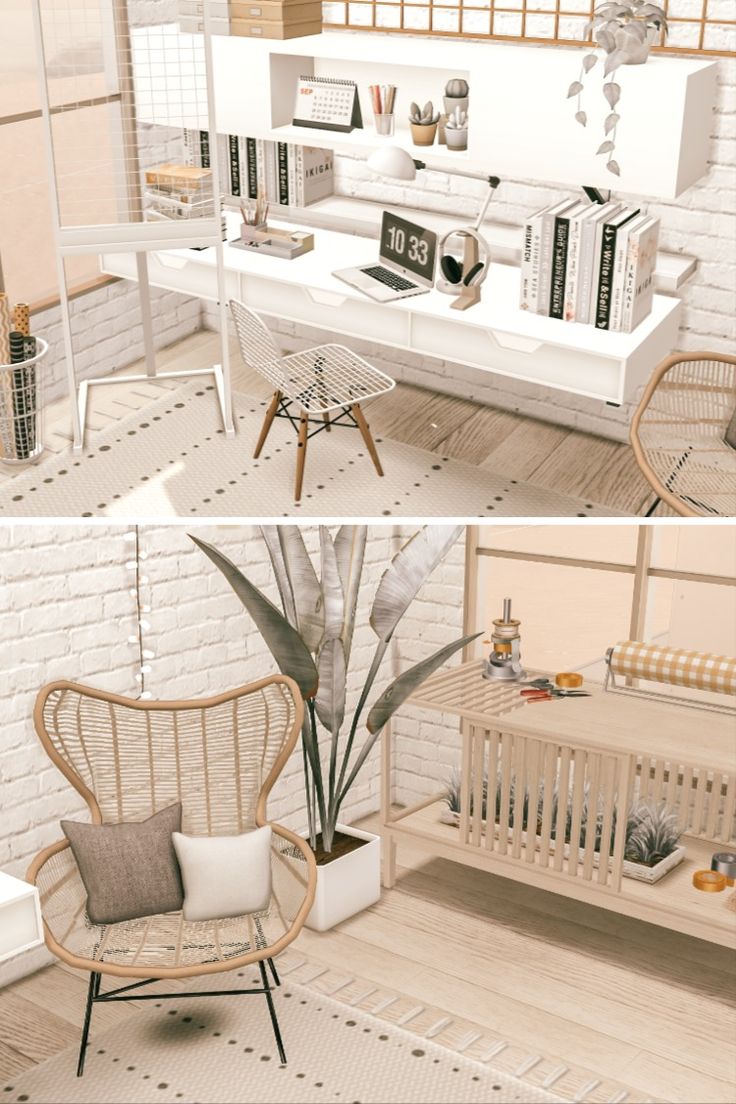 two pictures of a baby's room with white furniture and bookshelves on the shelves