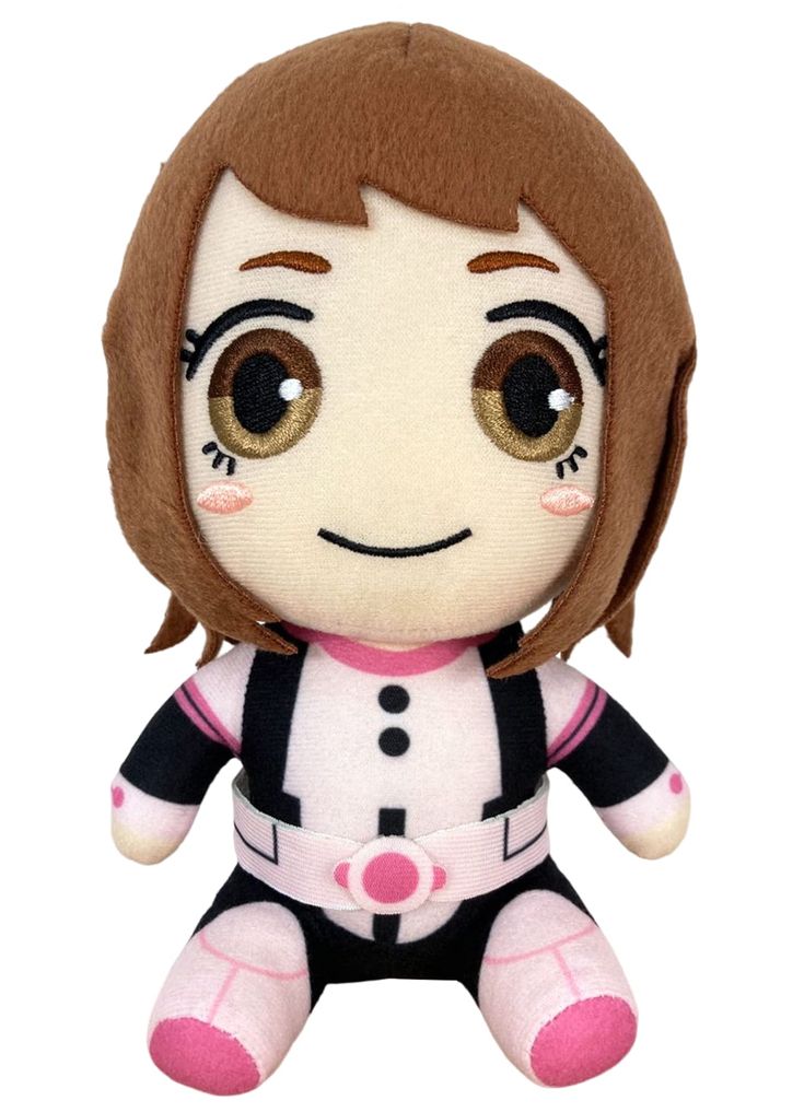 a stuffed animal doll with brown hair and pink eyes, sitting on a white surface