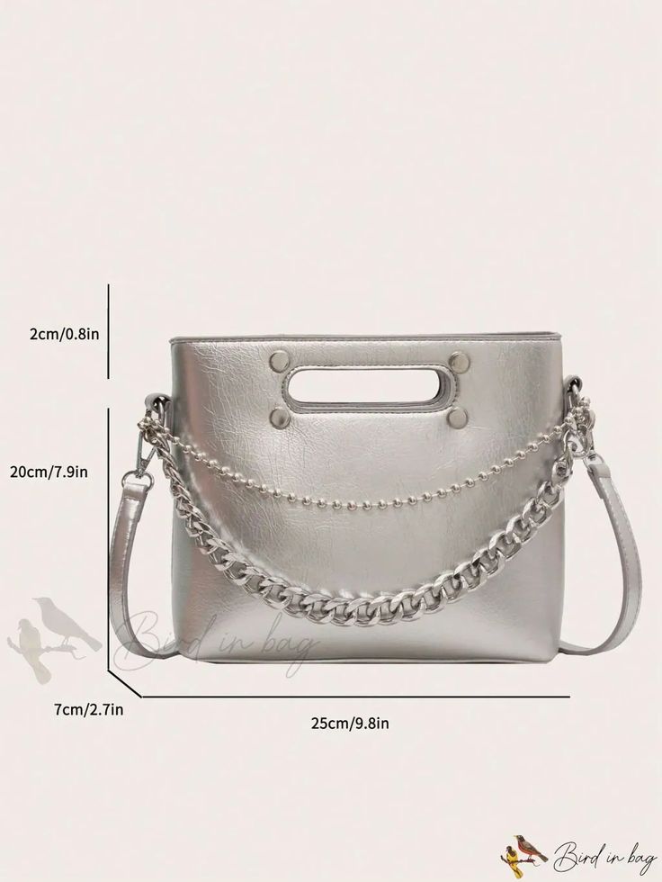 Bird in Bag - Medium Chain Shoulder Bag with Funky Design Trendy Metal Shoulder Bag For Evening, Silver Crossbody Shoulder Bag With Chain Detail, Silver Metal Bag With Chain Strap, Silver Crossbody Shoulder Bag With Chain, Trendy Silver Shoulder Bag With Chain Strap, Silver Chain Crossbody Shoulder Bag, Silver Bags With Metal Hardware, Silver Satchel Shoulder Bag With Chain Strap, Trendy Silver Bag With Metal Hardware