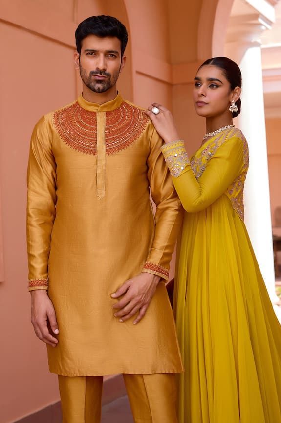 Gold kurta with marodi dori embroidery on the yoke. Paired with a pant. - Aza Fashions Isha Gupta, Dori Embroidery, Kurta For Men, Kurta Patterns, Buy Gold, Band Collar, Pants Pattern, Embroidered Silk, Aza Fashion